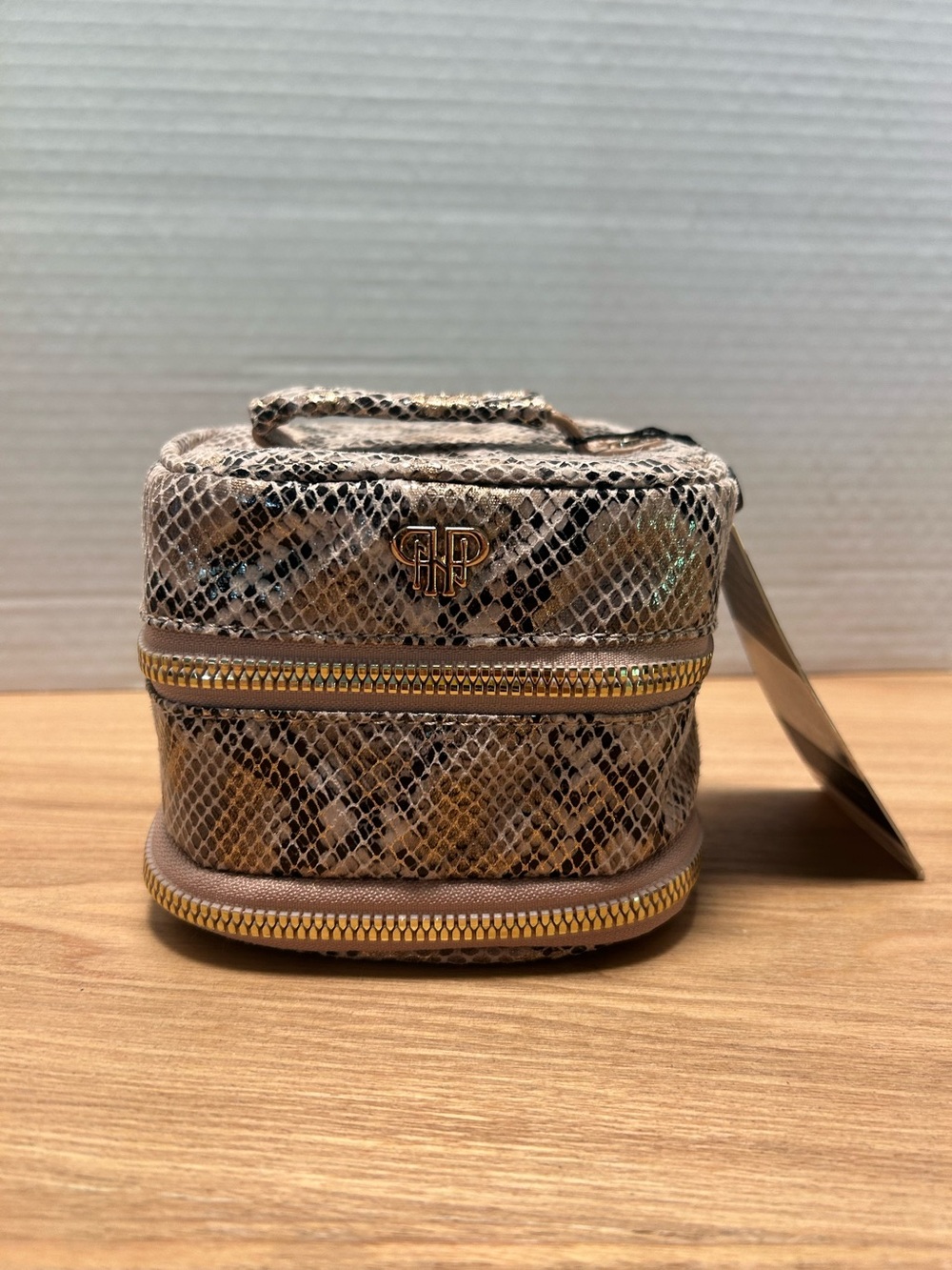 PurseN Snake-Print Cosmetic Case in Brown and Beige with Gold Accents